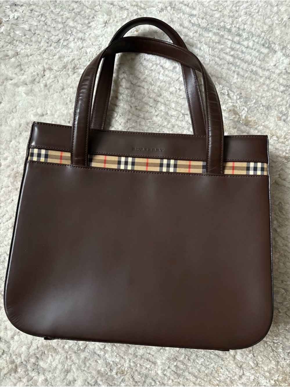 Burberry Dark Brown Leather Hangbag with Iconic Check Trim
